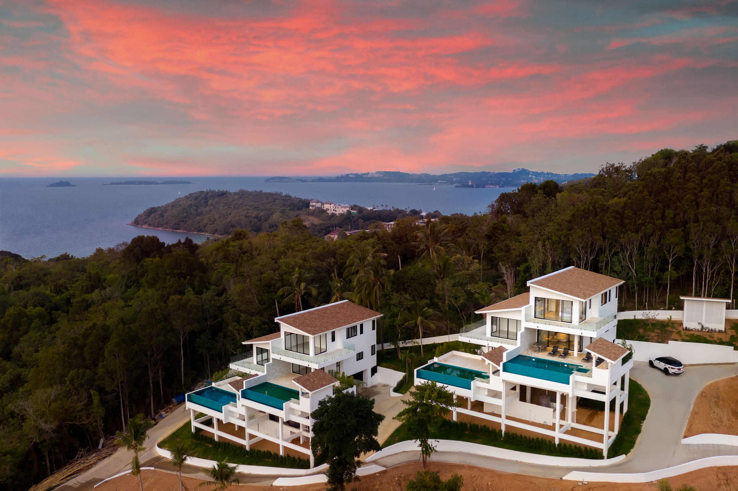 Hillside villas over the ocean at sunset, Koh Samui