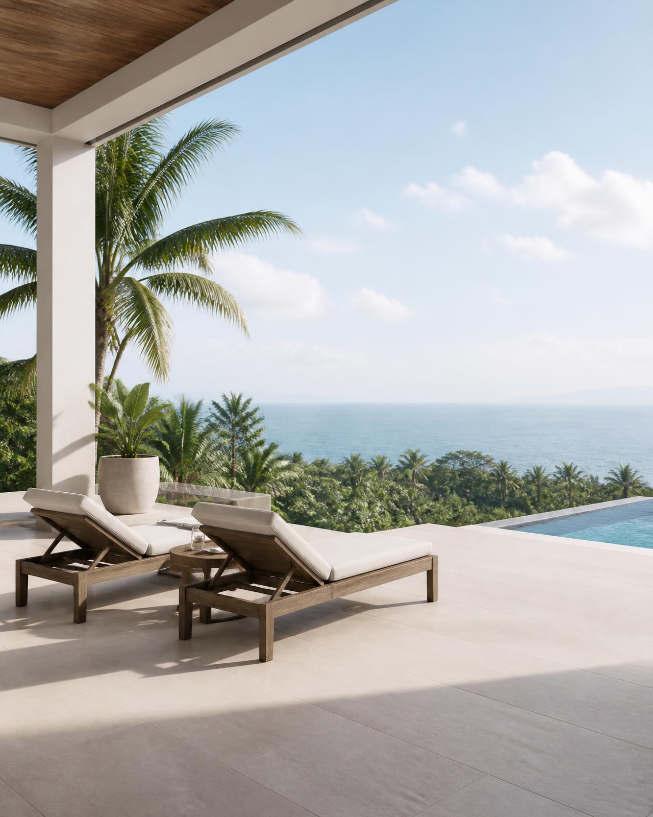 Villa terrace with sun loungers and sea view